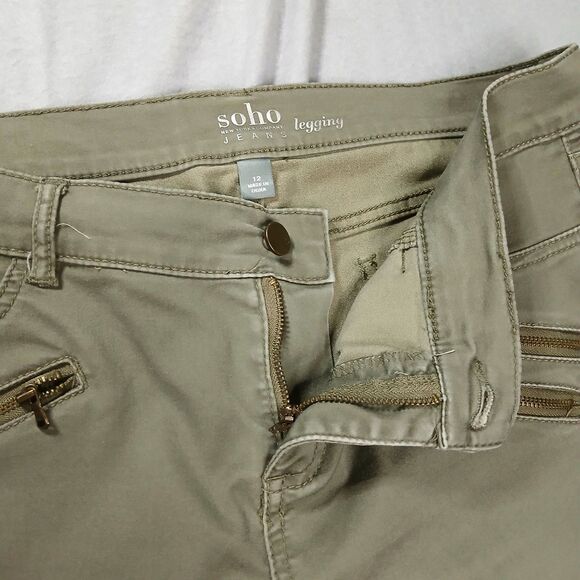 SOHO New York Legging Jeans Green Khaki Zipper Detail Stretch Button Fly sz: 12 - Picture 5 of 7